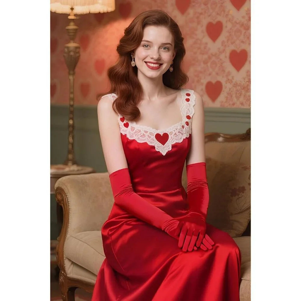 Women's Red Vintage Satin Long Gloves Party Costume Stretchy Elbow Length